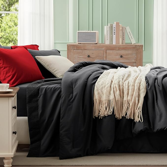 Anluoer Black and Red Full Comforter Set 7 Pieces, Bed in a Bag with Sheets, All Season Bedding Sets with 1 Comforter, 2 Pillow Shams, 2 Pillowcases, 1 Flat Sheet, 1 Fitted Sheet