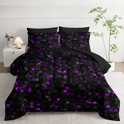 Geometric Violet Black Triangle Twin Size Comforter Set,Light Honeycomb Bedding Set 7 Piece in A Bag,Bed Sheet Set Geometry Decor,Microfiber Lightweight All Season