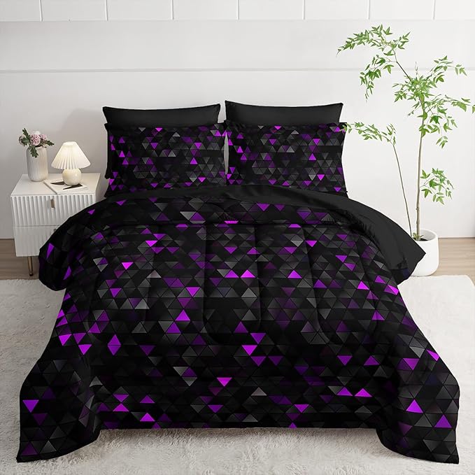 Geometric Violet Black Triangle Full Size Comforter Set,Light Honeycomb Bedding Set 7 Piece in A Bag,Bed Sheet Set Geometry Decor,Microfiber Lightweight All Season