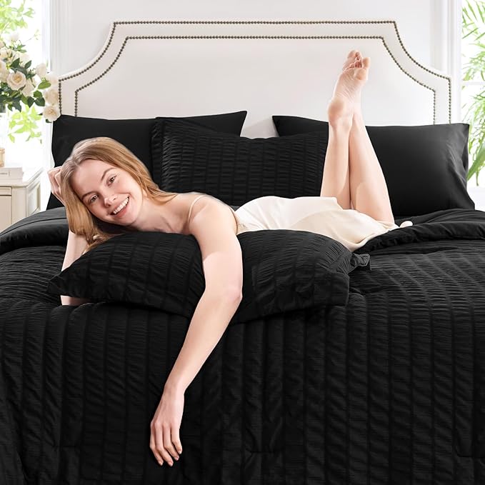 CozyLux Oversized Queen Comforter Set Black Seersucker 7 Pieces 98x98 Bed in a Bag Comforter Set with Sheets, Luxury Soft Bedding Sets with Down Alternative Comforter, Sheets, Pillowcases & Shams