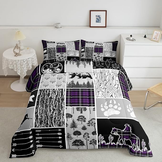 Erosebridal Western Cowboy Comforter Set King,Southwest Rustic Farmhouse Bedding Western Bedroom Decor,Hunting Bear Horse Duvet Insert,Dream Catcher Arrow Wildlife Print Quilt Plaid Decor,Purple