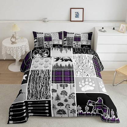 Erosebridal Western Cowboy Comforter Set King,Southwest Rustic Farmhouse Bedding Western Bedroom Decor,Hunting Bear Horse Duvet Insert,Dream Catcher Arrow Wildlife Print Quilt Plaid Decor,Purple