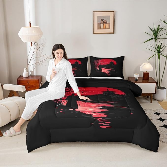 Erosebridal Samurai Comforter Set, Sunset Bedding Set, Japanese Samurai Warm Soft Down Comforter, Scenery Silhouette Bedroom Decor 3Pcs Duvet Set for Men Boys Teens, Queen Size