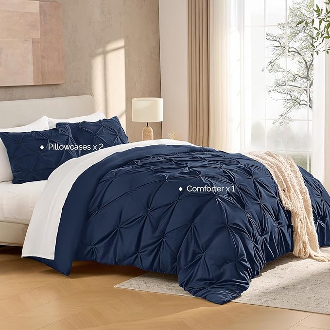 Andency Navy Blue Pinch Pleated Comforter Set Queen(90x90Inch), 3 Pieces Pintuck Soft Luxurious Bed, Microfiber Down Alternative Comforter Bedding Set