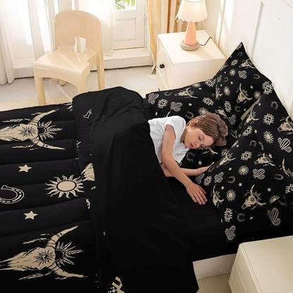 Erosebridal Western Bull Skull Bed in A Bag 7 Pcs Exotic Boho Cow Skull Comforter Set for Kids Teens Black Brown Ethnic Horns Bedding Sets Queen Tropical Western Cactus Sheet Set with Comforter