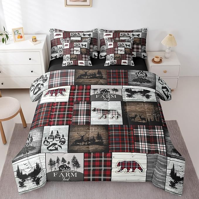 Erosebridal 7 Piece Bear Comforter Set for Teens Boys Girls Buffalo Plaid Check Bedding Sets for Cabin Camping Wild Animal Elk Deer Bed in a Bag Red Christmas Stripes Hunting Theme Quilt,Queen