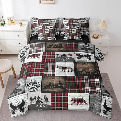 Erosebridal 7 Piece Bear Comforter Set for Teens Boys Girls Buffalo Plaid Check Bedding Sets for Cabin Camping Wild Animal Elk Deer Bed in a Bag Red Christmas Stripes Hunting Theme Quilt,Full