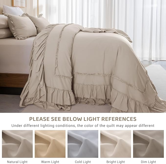 Sanracie Oversized King Comforter Set 128" x 120", Cotton Boho Shabby Vintage Ruffled Comforter Sets Linen Feel Comfortable Breathable French Country Bedding Set 3Pcs for All Season