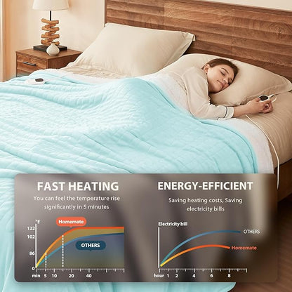 Homemate Electric Heated Blanket King Size - 100"x90" Heating Blanket King Size Dual Control 1/2/4/6/8 Hours Auto-Off 10 Heat Level Over-Heat Protection Flannel Sherpa ETL Certification