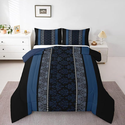 jejeloiu Adult Classic Jacquard Bedding Set Toddle Size Damask Pattern Comforter Set for Boys Girls Black Blue Stripe Duvet Set Baroque Quilt Set 2Pcs