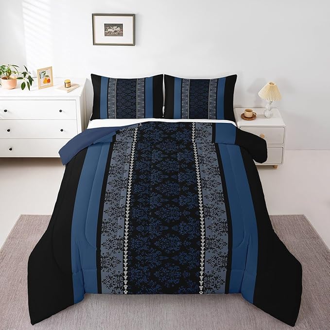 jejeloiu Adult Classic Jacquard Bedding Set Queen Size Damask Pattern Comforter Set for Boys Girls Black Blue Stripe Duvet Set Baroque Quilt Set 3Pcs