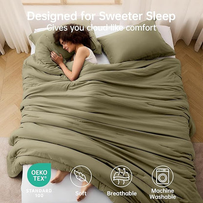 MUXHOMO Queen Comforter Set, All Season Ultra Soft Down Alternative Bedding - 3 Piece Lightweight Bed Set Includes 1 Comforter (90"x90") and 2 Pillow Shams (20"x26"), Olive Green