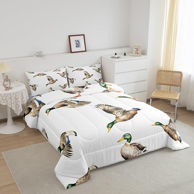 Feelyou Mallard Duck Bedding Set Hunting and Fishing Comforter Set Wild Animal Comforter for Boys Girls Kids Wildlife White Duvet Set Toddler Size with 1 Pillow Case