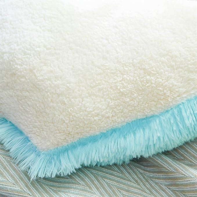 MOOWOO Fluffy Heart Pillow Gift for Girls Kids, Shaggy Plush Faux Fur and Sherpa, Cute Soft Throw Cushion Gift for Thanks Giving,Mothers Day,Valentines Day Decor,Heart Shaped (Blue)