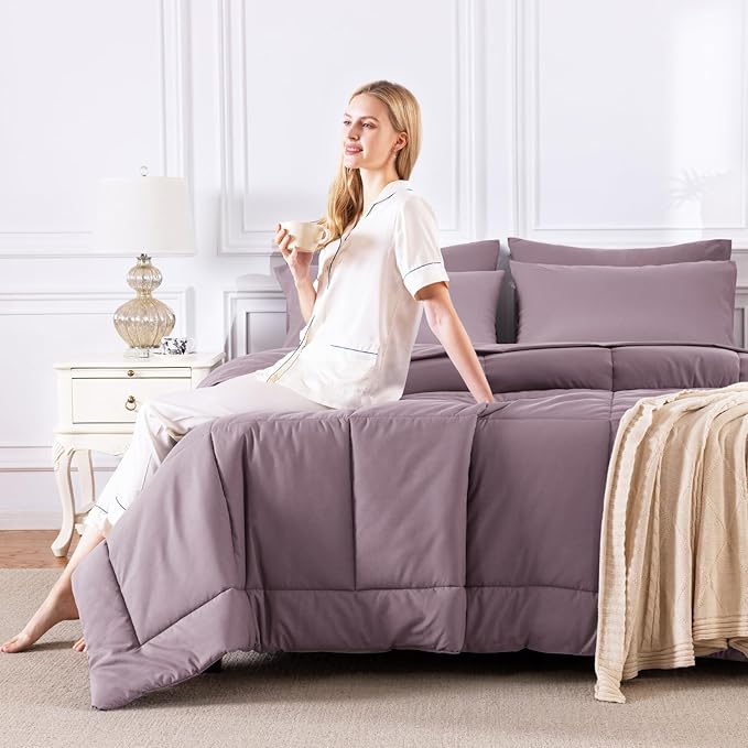 CozyLux Full Size Comforter Set Dusty Purple - 7 Pieces Bed in a Bag Dusty Purple Comforter Full Size, Bedding Set with All Season Quilted Comforter, Flat Sheet, Fitted Sheet, Pillowcases