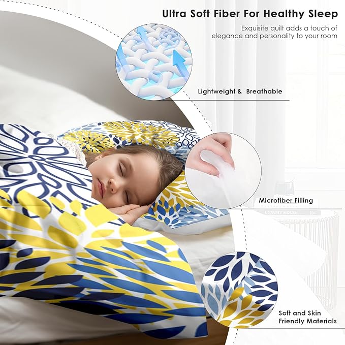 Comforter Set Twin Size, Spring Floral Navy Blue Soft 2 Pcs Bedding for Kids and Adults, Gray Yellow Flower Comforter Set with Pillowcase, for Bedroom Bed Decor