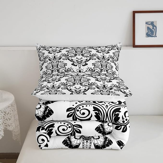 Feelyou Adults White Vintage Damask Floral Comforter Set Oriental Antique Comforter King Size Gothic Bohemia Boho Flower Bedding Set Gothic Skull Duvet Set Quilt Set 3Pcs