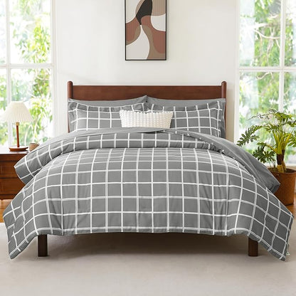 CozyLux Queen Comforter Set with Sheets - 7 Pieces Plaid Bed in a Bag Set Grey, Soft Queen Bedding Sets Bed Set with All Season Quilted Comforter, Flat Sheet, Fitted Sheet, Pillowcases & Pillow Shams