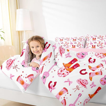 Erosebridal Cowgirl Western Bedding Set, Pink Bowknot Comforter Set Queen Size for Kids Teens Girls Women Bedroom Decor, Boots Horseshoe Down Comforter, Dreamy Princess Quilt, Lightweight