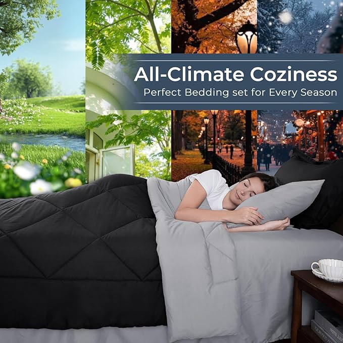 HEVUMYI Cali-King Comforter Set - 7-Piece All Season Bed in a Bag Cali-King, Ultra Soft Bedding Set with Comforter, Flat Sheet, Fitted Sheet, Pillowcases, Pillow Shams, Black & Light Grey