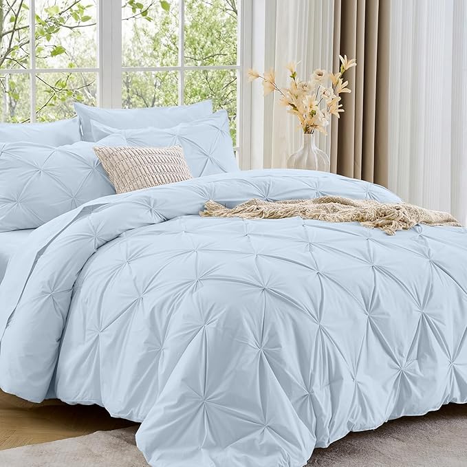 Sasttie Twin Comforter Set, 5-Piece Bed in a Bag, Pintuck Bedding Sets for All Season, Includes Comforter, Flat Sheet, Fitted Sheet, Pillowcase and Pillowsham, Light Blue