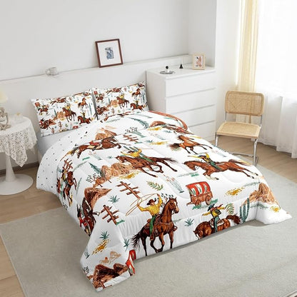 Feelyou Western Decor Comforter Full Size Wild Western Cowboy Cowgirl Comforter Set for Boys Girls Children Horse Desert Rodeo Cowboy Style Bedding Set Room Decor Brown Duvet Set 3Pcs