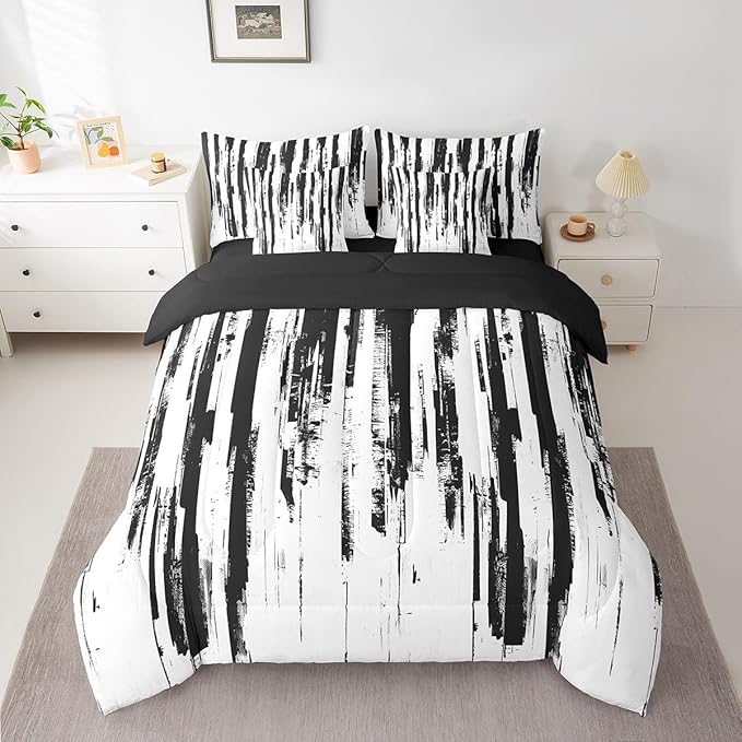 Erosebridal 7Pcs Black and White Boho Full Comforter Set,Geometric Striped Abstract Bed in A Bag for Women Men Teens,Modern Art Aesthetic Bedding,White and Black Ink Quilt Set with Pillowcases