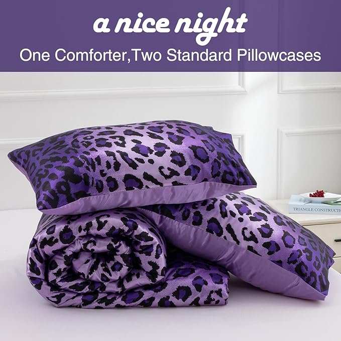 A Nice Night Leopard Printed，Satin Silky Soft Quilt Sexy Luxury Super Soft Microfiber Comforter Quilt Bedding Comforter Set Full/Queen, Light Weighted (Purple, Queen(88-by-88-inches))
