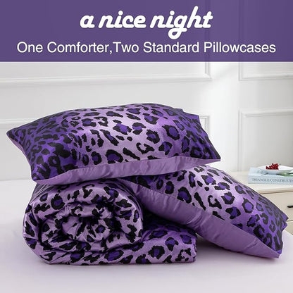 A Nice Night Leopard Printed，Satin Silky Soft Quilt Sexy Luxury Super Soft Microfiber Comforter Quilt Bedding Comforter Set Full/Queen, Light Weighted (Purple, Queen(88-by-88-inches))