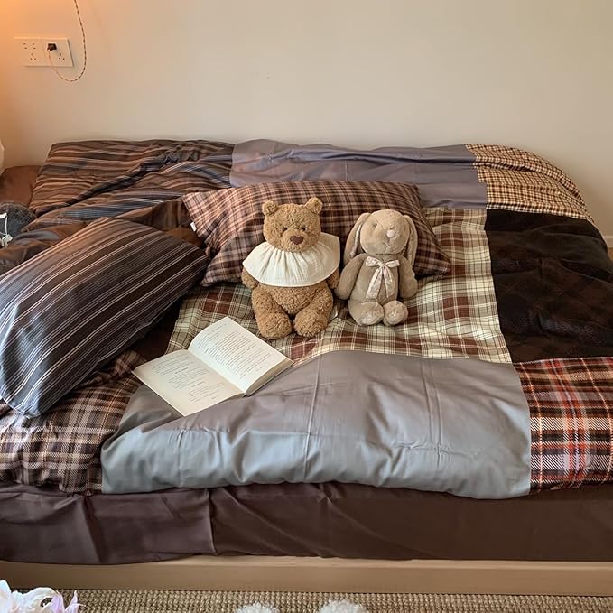 Nayoroom Plaid Comforter Set Queen Size Vintage Brown Patchwork Checkered Comforter 3 Pieces Soft Lightweight Farmhouse Dorm Bedding Set for All Seasons