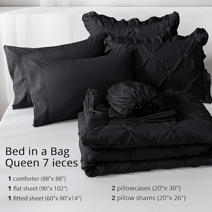 JOLLYVOGUE Queen Comforter Set 7 Pieces, Black Bed in a Bag Comforter Set for Bedroom, Bedding Comforter Sets with Comforter, Sheets,Ruffled Shams & Pillowcases