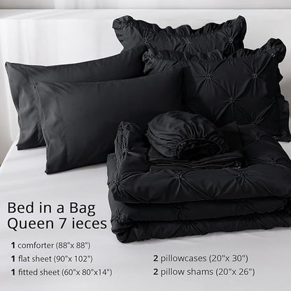 JOLLYVOGUE Queen Comforter Set 7 Pieces, Black Bed in a Bag Comforter Set for Bedroom, Bedding Comforter Sets with Comforter, Sheets,Ruffled Shams & Pillowcases