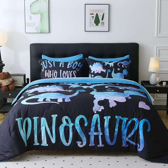 7 Piece Boys Dinosaur Comforter Set Twin Size Blue Dinonsaur Soft Microfiber Bed in A Bag with Comforter,Sheet Set,Pillowcase and Sham for Child Teens All Season