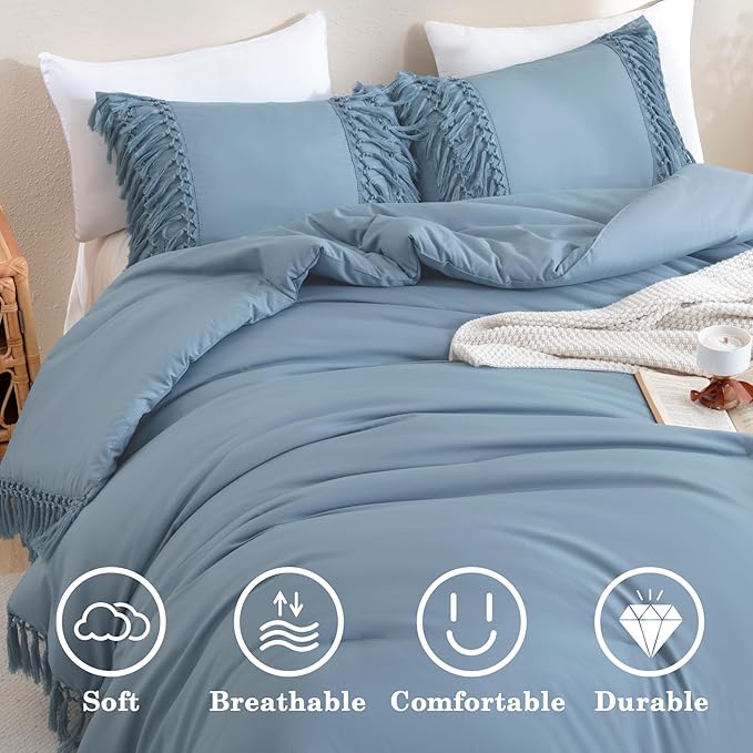 Andency Grayish Blue Comforter Set King, 3 Pieces Boho Tassel Lightweight Soft Bedding Comforter Sets for King Bed, All Season Fluffy Fringe Bed Set (104x90In Comforter & 2 Pillowcases)