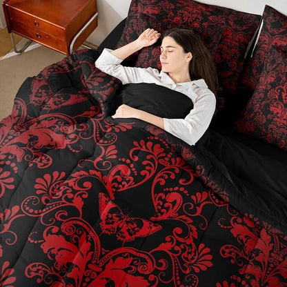 Erosebridal Gothic Damask Comforter Set 7 Piece Bed in a Bag Twin,Butterfly Skull Bedding Sets Red Black Victorian Floral Goth Sheet Set with Comforter