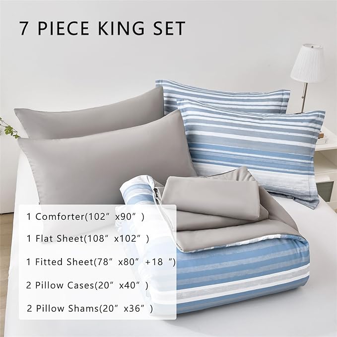 KAKIJUMN 7 Piece Bed in a Bag Stripe Comforter Set King Size, White Grey Blue Patchwork Striped Comforter and Sheet Set, All Season Soft Microfiber Complete Bedding Set(Light Blue,King)