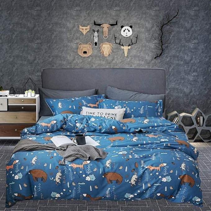 Houseri Blue Bear Comforter Sets Queen Boys Cartoon Bear Comforter Full Fox Rabbit Animal Bedding Sets Queen Teens Woodland Forest Comforter Sets Full Size 3 Piece Quilts Soft