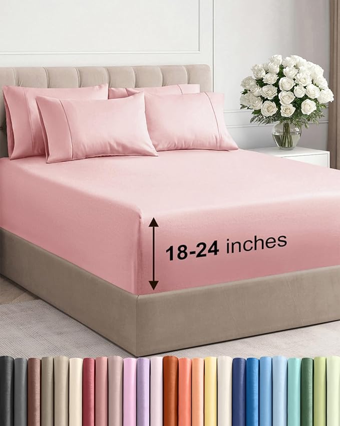 Extra Deep Full Sheet Set - 6 Piece Breathable and Cooling Sheets - Hotel Luxury Bedding for Women, Men, Kids & Teens - Easy Secure Fit - Soft, Wrinkle Free and Comfy - Extra Deep Pockets - Baby Pink