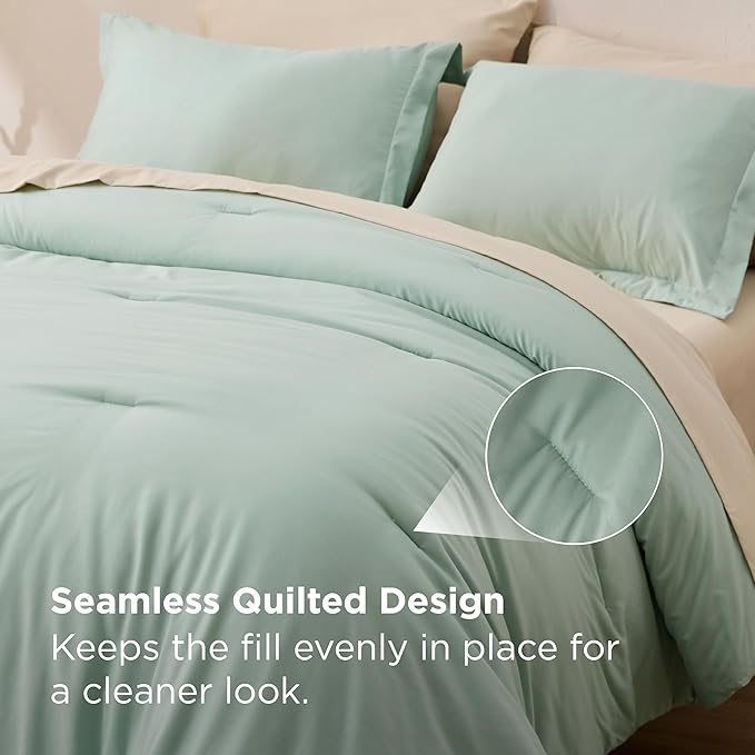 Bedsure Full Size Comforter Set - 7 Pieces Sage Green Full Bedding Set for All Seasons, Boho Contrasting Design Bed in a Bag with Comforter, Sheets, Pillowcases & Shams