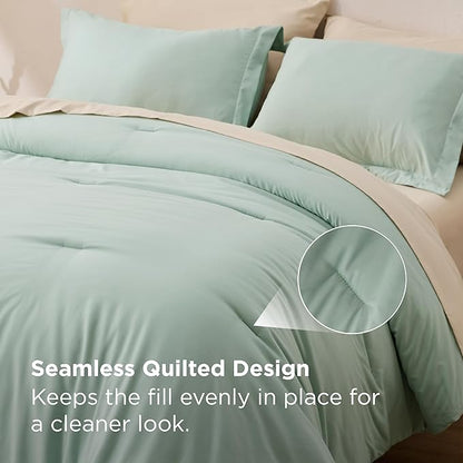 Bedsure Full Size Comforter Set - 7 Pieces Sage Green Full Bedding Set for All Seasons, Boho Contrasting Design Bed in a Bag with Comforter, Sheets, Pillowcases & Shams