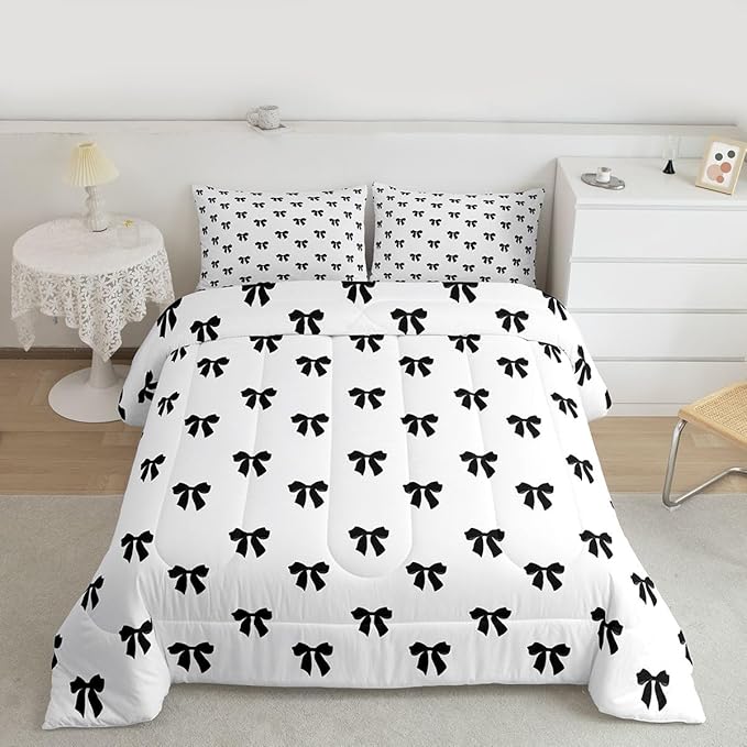 Erosebridal Black Bow Comforter Set King Size Coquette Bows Bedding Set for Kids Teen Girls Women Bedroom Cute Preppy Bowknot Comforter Modern Trendy Girly Aesthetic Quilt Duvet