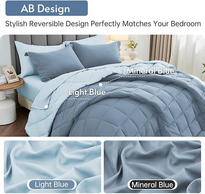 MUXHOMO 7 Pieces King Comforter Set, Reversible Bed in a Bag King Size, All Season Bedding Set with Comforter, Flat Sheet, Fitted Sheet, Pillowcases & Shams, Mineral Blue & Light Blue