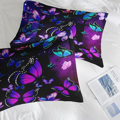 Comforter Set Twin Size, Summer Purple Butterfly 5 Pcs Bedding for Kids and Adults, Vintage Galaxy Space Bed Sheet Sets with Fitted Sheet Pillowcase & Sham for Bedroom Bed Decor