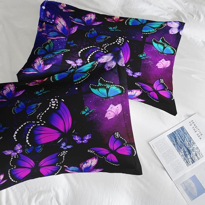 Comforter Set Queen Size, Summer Purple Butterfly 7 Pcs Bedding for Kids and Adults, Vintage Galaxy Space Bed Sheet Sets with Fitted Sheet 2 Pillowcases & 2 Shams for Bedroom Bed Decor