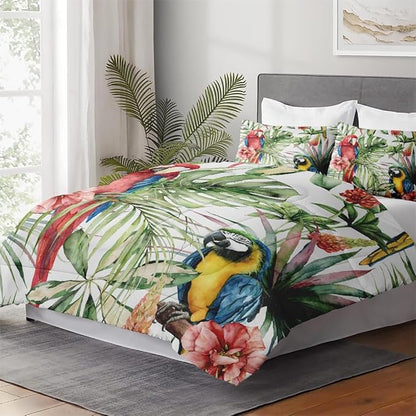 Queen Size Comforter Set with 2 Pillowcases, Tropical Hibiscus Birds 3 Pcs Bedding for Kids and Adults, Flower Palm Leaf Soft Comforter Set for Bedroom Bed Decor