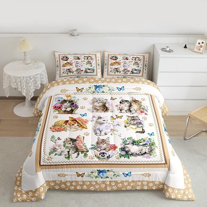 Cute Cats Kids Comforter Set King Size,Cartoon Animal Paws Print Toddler Bedding Set,Girls Boys Adults Room Decor,Butterfly Flowers Romantic Down Comforter,Bright Lovely Duvet Insert,2 Pillowcases