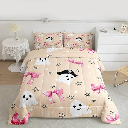 Erosebridal Halloween Ghost Comforter Set Queen, Pink Bows Bedding Set, Halloween Decor Kawaii Bowknot Comforter, White Polka Dotstar Star Quilt with 2 Pillowcases for Kids Girls Women