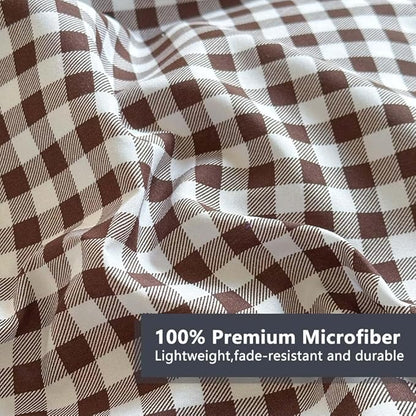NSNLGSGC Mocha Ruffle Gingham Comforter Set Queen, Pre-Washed Ruffled Coffee Plaid Checked Comforter Bedding, 3 Pieces Vintage Farmhouse Grid Bedding Set(Mocha Gingham, Queen)