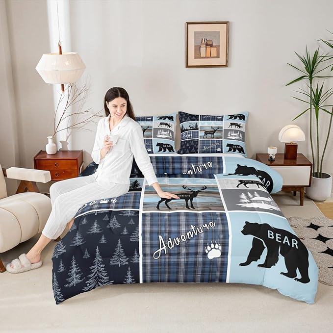 Cabin Rustic Bedding, Queen Bear Deer Woodland Animals Comforter Set For Kids Boys Teens Adult, Wildlife Hunting Lodge Quilt Blue Patchwork Plaid Duvet Insert Vintage Country Farmhouse Down Comforter