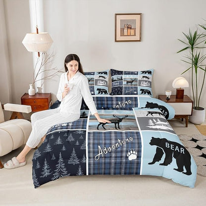 Cabin Rustic Bedding, Twin Bear Deer Woodland Animals Comforter Set For Kids Boys Teens Adult, Wildlife Hunting Lodge Quilt Blue Patchwork Plaid Duvet Insert Vintage Country Farmhouse Down Comforter
